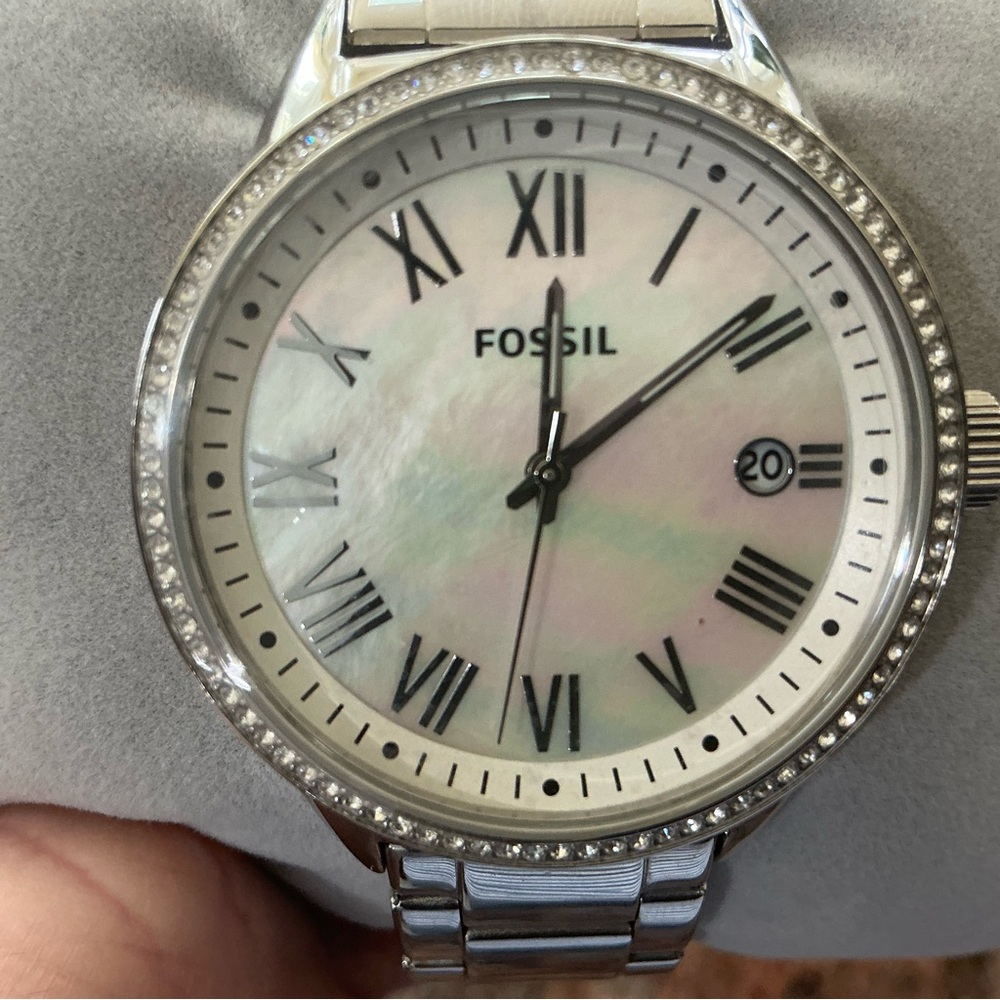 Fossil Silver Watch with Iridescent Dial